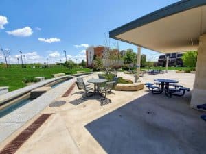 Blue Earth Plaza Splash Park and Seating Area