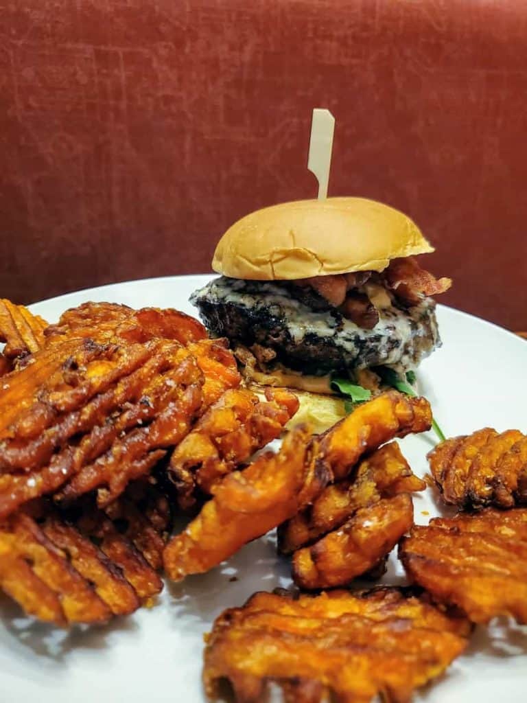 Hamburger and sweet potato fries at Tallgrass Taphouse