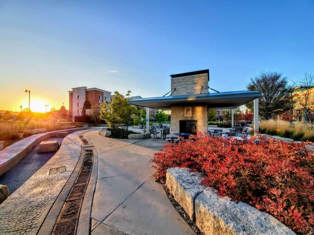 The lazy river and outdoor seating area