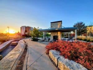 The lazy river and outdoor seating area