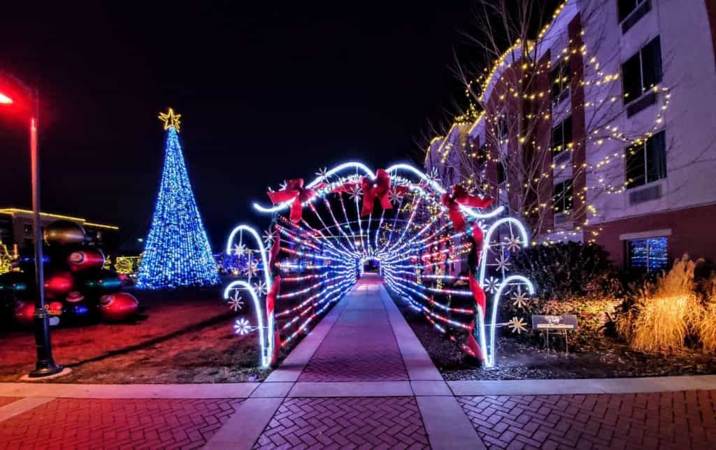 Christmas Tree and lighted tunnel at the Festival of Lights at the Blue Earth Plaza in Manhattan, KS