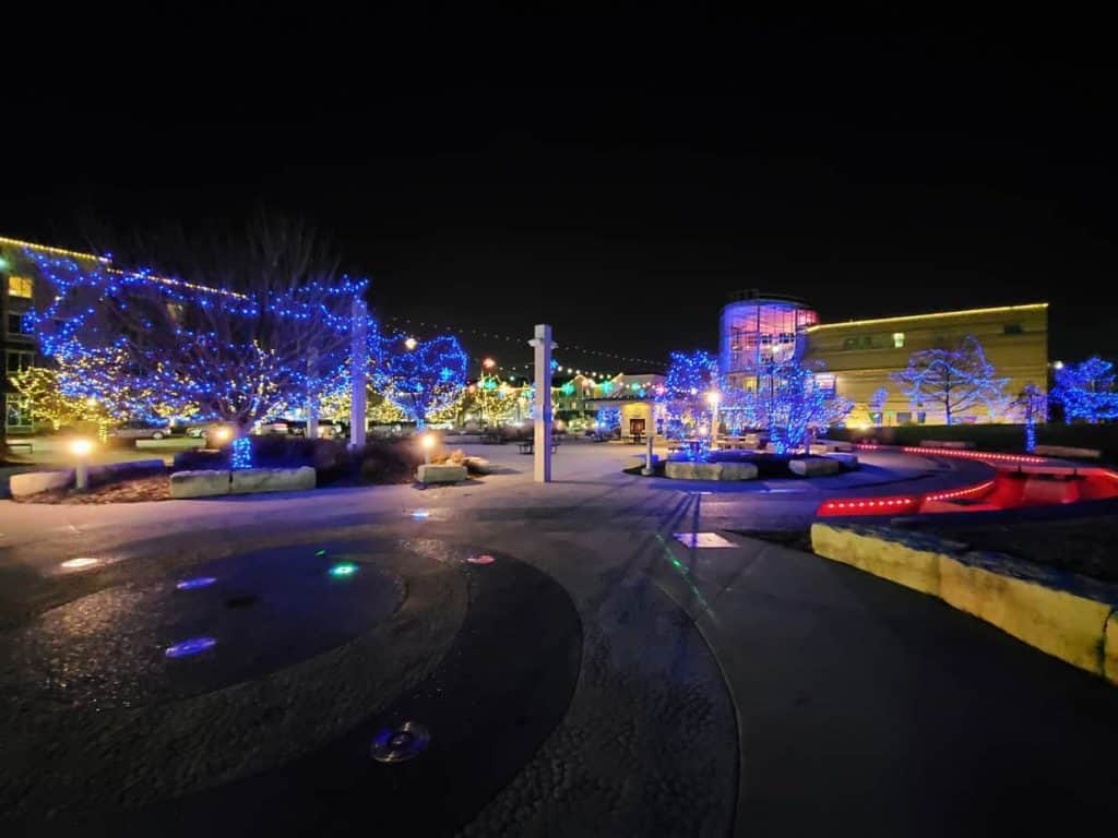 Blue Earth Plaza and Flint Hills Discovery Center lit up for Festival of Lights