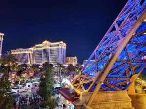 View of Caesers Palace and Paris casino on the strip in Las Vegas