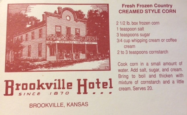 Vintage Brookville Hotel illustration with creamed corn recipe.