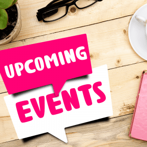 Desk with "Upcoming Events" speech bubbles, glasses, plant.