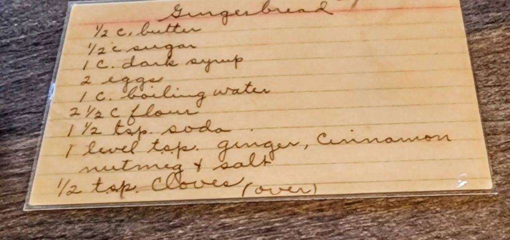 Handwritten gingerbread recipe on a notecard.