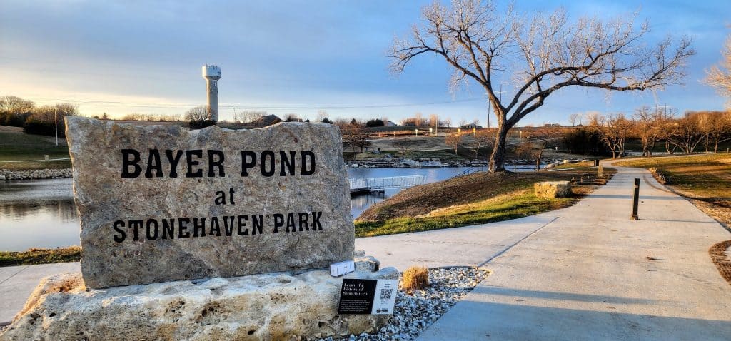 Sunset at Bayer Pond, Stonehaven Park pathway.