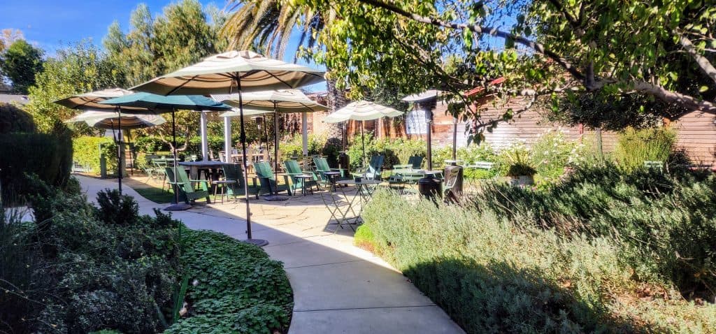 A patio with tables and umbrellas in a garden.
