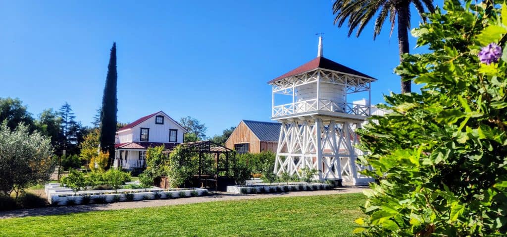 A garden with a water tower and palm trees.