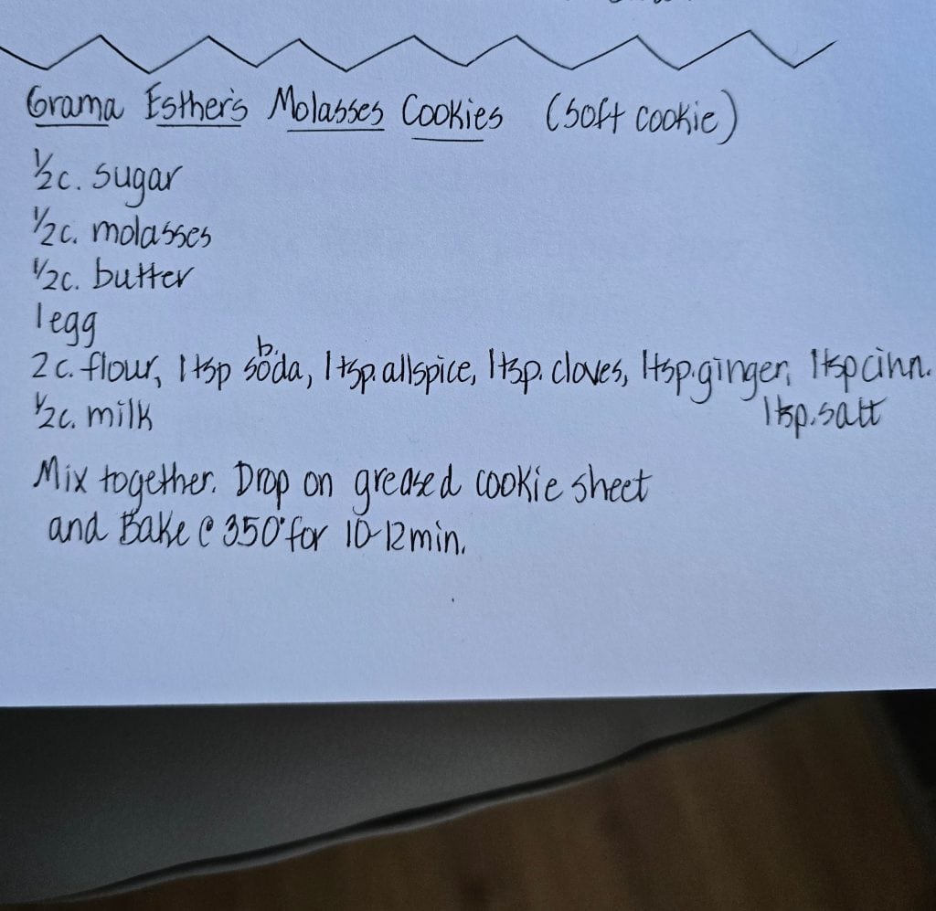 This handwritten molasses cookie recipe for Grandma Esther's cookies features sugar, rich molasses, and butter. With a blend of spices, follow the mixing and baking instructions at 350°F for 10-12 minutes to enjoy these delightful treats.