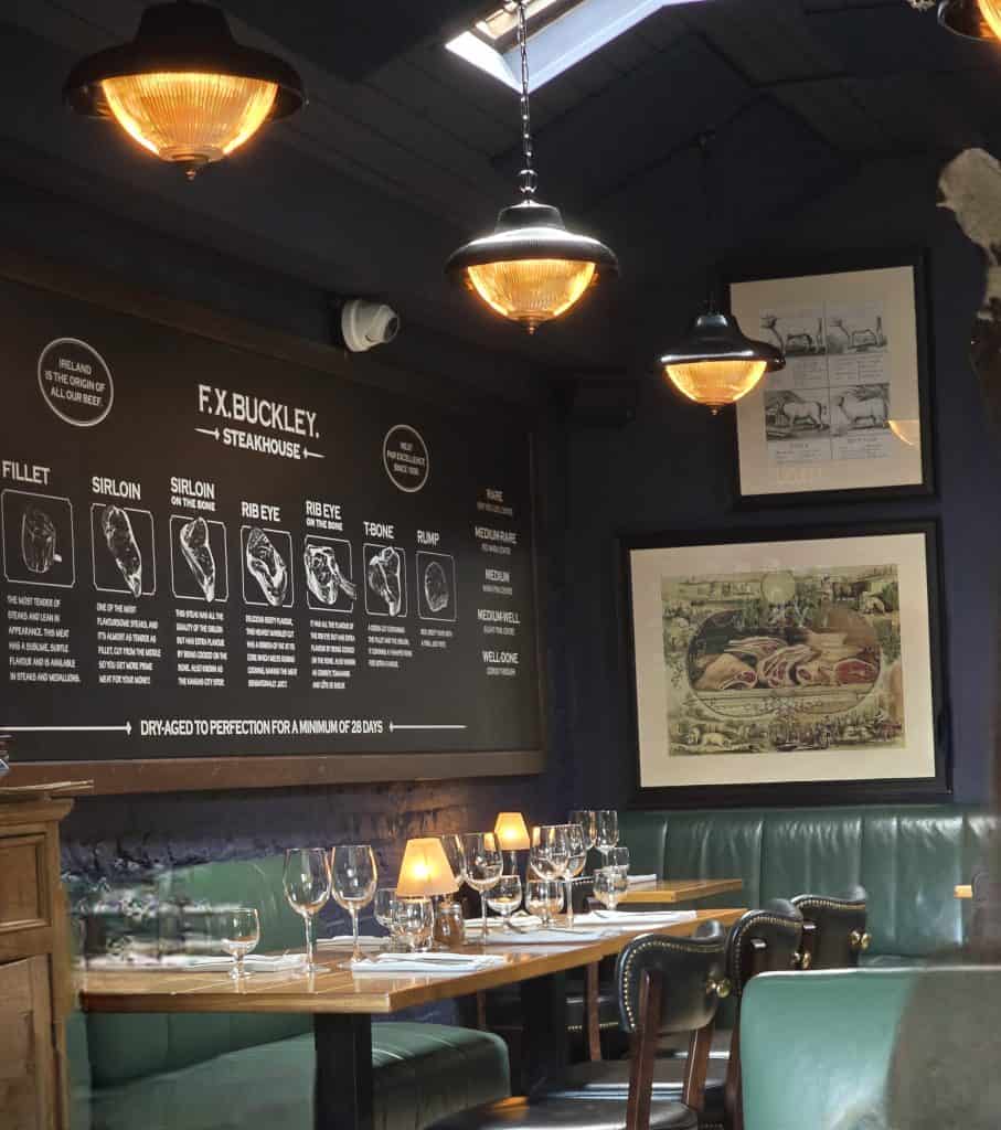 A cozy steakhouse dining area in Ireland with dark walls, green leather seating, set tables with glasses and candles, and a chalkboard-style meat cuts diagram—an inviting spot often featured in local travel guides for tourism lovers.