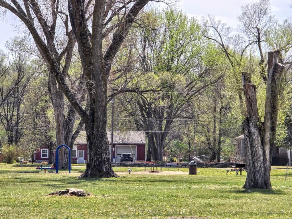 A grassy park in Manhattan, Kansas, with large trees, trimmed stumps, a blue swing set, picnic tables, and a red building with a garage. The area is surrounded by green, leafy trees—classic Fairmont Park scenery.