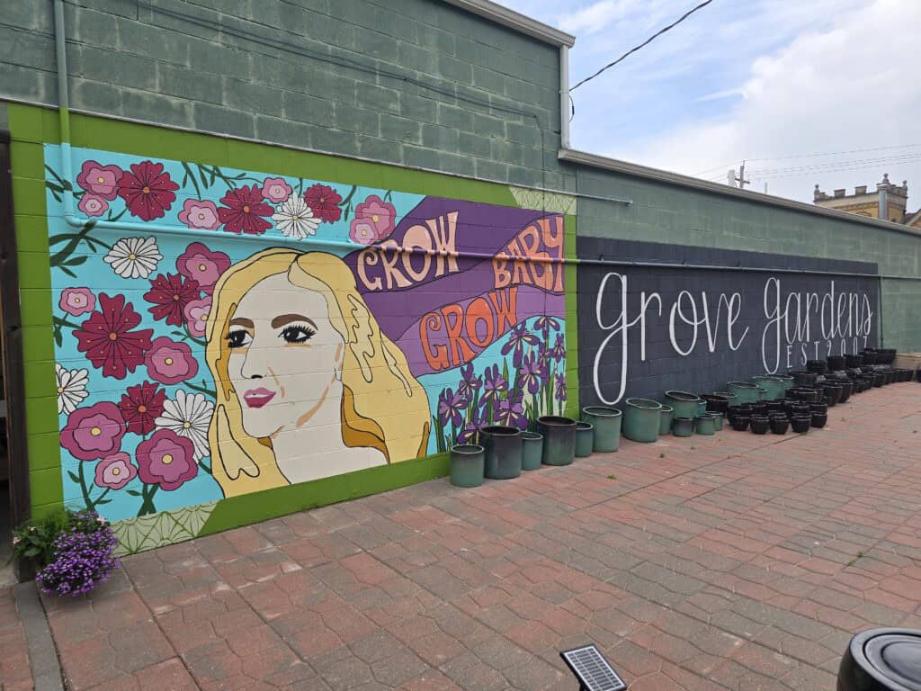 A colorful mural on a green wall in Grove Gardens, Council Grove KS, features a woman’s face surrounded by pink flowers and the words “GROW BABY GROW.” Next to it, white script reads “Grove Gardens.” Empty plant pots line the wall.